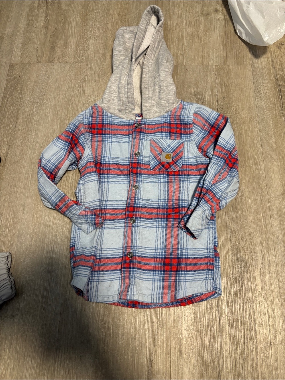 Carhartt Kids Light Blue & Red Plaid Hooded Button-Down Shirt